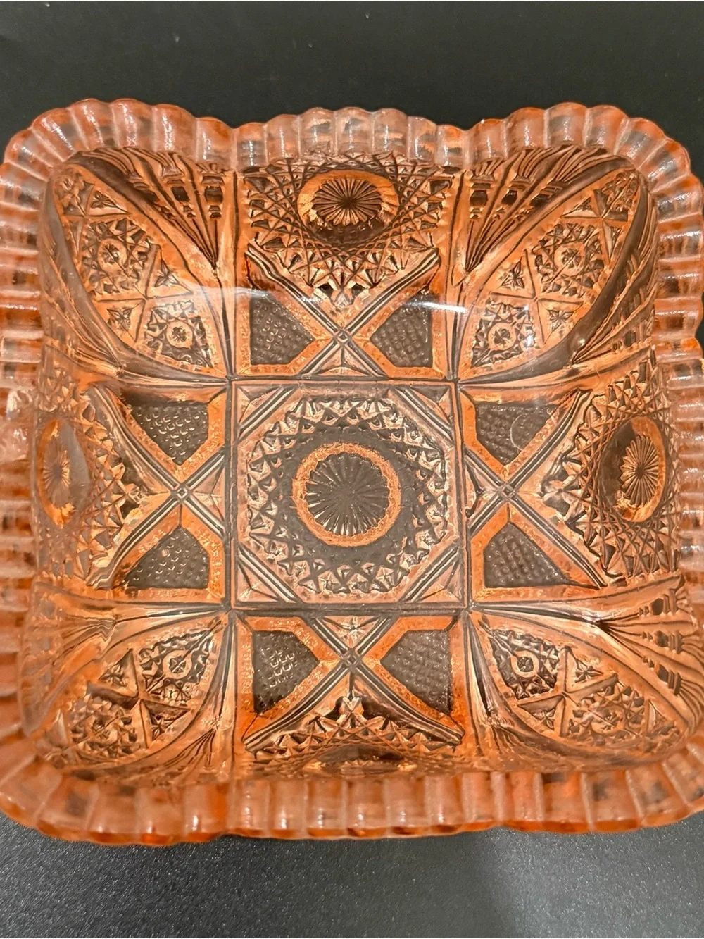 Vintage Salmon Pink Depression Pressed Glass Sawtooth Rim Square Candy Dish